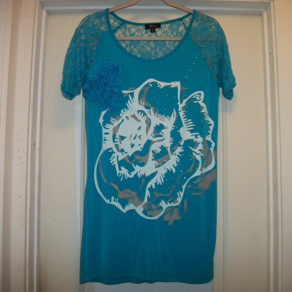 TEAL LACEY BEJEWELED DECORED MINI DRESS OR TOP L